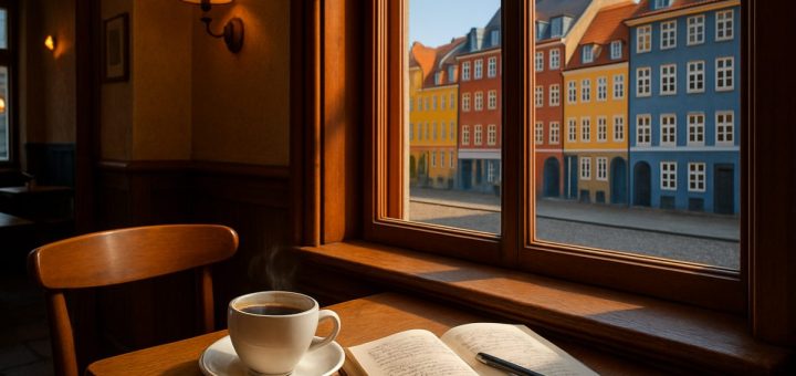 A high-definition image depicting a cozy Danish café scene, with a small wooden table by the window. On the table, a steaming cup of coffee sits next to an open notebook with handwritten notes and a pen. Outside the window, cobblestone streets and colorful historic buildings of Copenhagen can be seen under a clear blue sky. The warm, inviting interior features soft lighting and Danish design elements, creating a perfect ambiance for learning.
