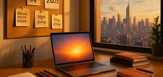 A dynamic workspace infused with innovative energy: a cozy, modern writing desk bathed in warm natural light, featuring a sleek laptop displaying a glowing screen, surrounded by notebooks, colored pens, and inspirational quotes pinned on a corkboard. Through a nearby window, a vibrant city skyline can be seen, symbolizing endless opportunities. The atmosphere is alive with the promise of creativity and adaptability, evoking the essence of a writer navigating the evolving landscape of 2026. High definition.