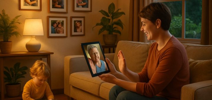 A serene family scene in a cozy living room, illuminated by soft, warm light. A parent sits on a comfortable sofa, engaged in a video call on a tablet, while a small child plays with colorful building blocks nearby. Surrounding them are vibrant family photos on the walls, plants adding life to the space, and a window showing a lush green garden outside. The atmosphere exudes a sense of connection, support, and warmth, reflecting the positive impact of technology in nurturing family relationships. High definition, with rich colors and detailed textures.