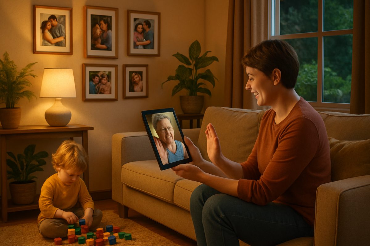 A serene family scene in a cozy living room, illuminated by soft, warm light. A parent sits on a comfortable sofa, engaged in a video call on a tablet, while a small child plays with colorful building blocks nearby. Surrounding them are vibrant family photos on the walls, plants adding life to the space, and a window showing a lush green garden outside. The atmosphere exudes a sense of connection, support, and warmth, reflecting the positive impact of technology in nurturing family relationships. High definition, with rich colors and detailed textures.