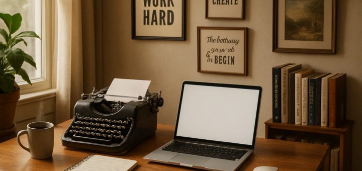 A cozy home office scene is depicted in high definition, featuring a wooden desk adorned with a vintage typewriter and an open laptop. A notepad filled with scribbled ideas sits beside a steaming cup of coffee, while soft, natural light filters in through a nearby window, illuminating a small bookshelf filled with writing guides and novels. The walls are adorned with inspirational quotes and framed artwork, creating an inviting and motivational atmosphere perfect for a budding writer.