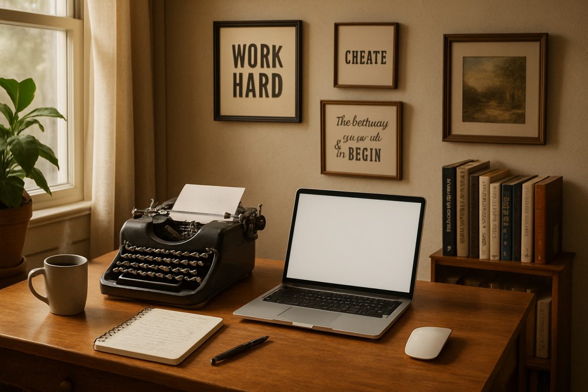 A cozy home office scene is depicted in high definition, featuring a wooden desk adorned with a vintage typewriter and an open laptop. A notepad filled with scribbled ideas sits beside a steaming cup of coffee, while soft, natural light filters in through a nearby window, illuminating a small bookshelf filled with writing guides and novels. The walls are adorned with inspirational quotes and framed artwork, creating an inviting and motivational atmosphere perfect for a budding writer.