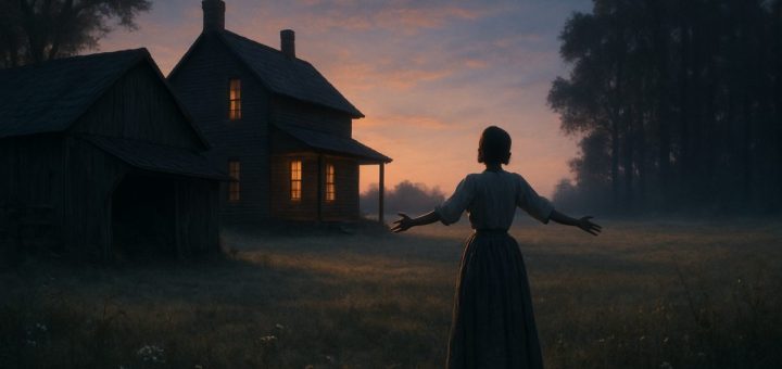 A high-definition image of a vintage early 20th-century homestead at twilight, with soft, ethereal light casting long shadows across a sprawling field. In the foreground, a solitary figure of a young woman dressed in period attire stands with her arms outstretched, capturing a moment of yearning and aspiration. Surrounding her are elements of the rural landscape—a dilapidated barn, wildflowers, and a distant silhouette of towering trees that hint at confinement. The atmosphere conveys a sense of both beauty and melancholy, embodying the tension between dreams and societal constraints. The color palette should blend warm and cool tones, creating an emotional resonance with the themes of ambition and isolation.