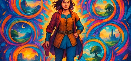 A vibrant, high-definition illustration depicting a woman at the center of a kaleidoscopic universe, surrounded by swirling, colorful portals leading to various dimensions. She stands confidently with a determined expression, dressed in a mix of casual and fantastical attire, representing different aspects of her identity. The background is a burst of vivid colors, geometric shapes, and fantastical landscapes that blend together, symbolizing the chaos and beauty of life's possibilities. Soft light filters through the portals, casting a warm glow on her, emphasizing her role as the focal point of this multidimensional journey.