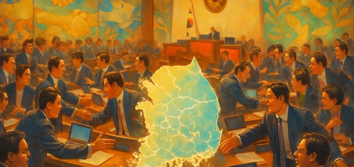 A vibrant, high-definition digital painting of a bustling legislative chamber in South Korea, bathed in warm golden light. Lawmakers from diverse backgrounds are engaged in animated discussions, with some reaching across the aisle to shake hands or exchange ideas. The walls adorned with dynamic murals depicting symbols of cooperation and unity are visible behind them. In the foreground, a large, transparent map of South Korea highlights interconnected regions, symbolizing shared interests and partnerships. The atmosphere is lively, yet focused, capturing the essence of collaboration in politics.