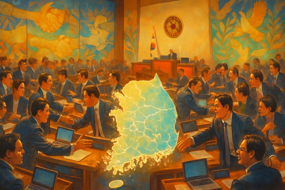 A vibrant, high-definition digital painting of a bustling legislative chamber in South Korea, bathed in warm golden light. Lawmakers from diverse backgrounds are engaged in animated discussions, with some reaching across the aisle to shake hands or exchange ideas. The walls adorned with dynamic murals depicting symbols of cooperation and unity are visible behind them. In the foreground, a large, transparent map of South Korea highlights interconnected regions, symbolizing shared interests and partnerships. The atmosphere is lively, yet focused, capturing the essence of collaboration in politics.