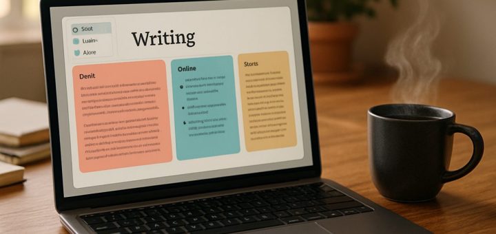 A close-up shot of an open laptop on a wooden desk, with a steaming cup of coffee beside it. The screen displays a beautifully designed writing interface, showcasing colorful drafts and notes. In the background, a soft, warm light filters through a window, illuminating scattered notebooks and a potted plant, creating a cozy and inviting atmosphere. This high-definition image encapsulates the essence of the writing journey for beginners in the digital age.