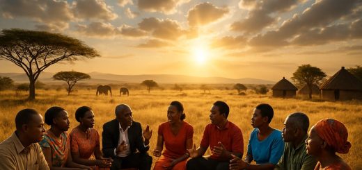 A high-definition image of a majestic African landscape, featuring a sun-drenched savannah with a distant silhouette of elephants beneath an expansive sky. In the foreground, a diverse group of people—men and women of various ages—gather in a circle, engaged in spirited discussion, embodying a sense of unity and shared purpose. In the background, the outlines of traditional huts suggest a harmonious connection with cultural roots, while an ethereal light filters through scattered clouds, symbolizing hope and progress. The scene is vibrant, capturing both the essence of Africa and the quest for justice and human rights.