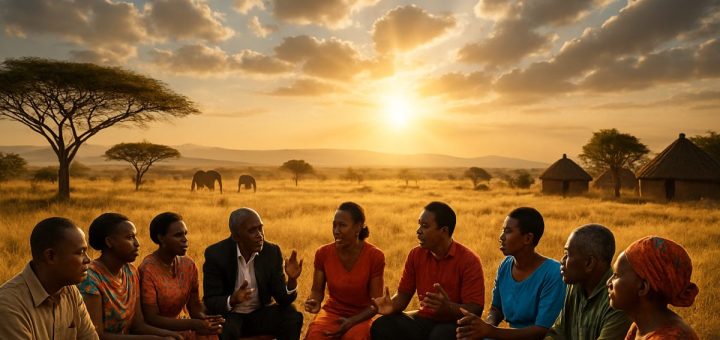 A high-definition image of a majestic African landscape, featuring a sun-drenched savannah with a distant silhouette of elephants beneath an expansive sky. In the foreground, a diverse group of people—men and women of various ages—gather in a circle, engaged in spirited discussion, embodying a sense of unity and shared purpose. In the background, the outlines of traditional huts suggest a harmonious connection with cultural roots, while an ethereal light filters through scattered clouds, symbolizing hope and progress. The scene is vibrant, capturing both the essence of Africa and the quest for justice and human rights.