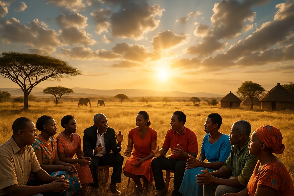 A high-definition image of a majestic African landscape, featuring a sun-drenched savannah with a distant silhouette of elephants beneath an expansive sky. In the foreground, a diverse group of people—men and women of various ages—gather in a circle, engaged in spirited discussion, embodying a sense of unity and shared purpose. In the background, the outlines of traditional huts suggest a harmonious connection with cultural roots, while an ethereal light filters through scattered clouds, symbolizing hope and progress. The scene is vibrant, capturing both the essence of Africa and the quest for justice and human rights.