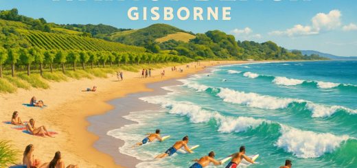 A vibrant, sun-drenched scene of Wainui Beach in Gisborne during summer, showcasing golden sand and rolling waves under a clear blue sky. In the foreground, a group of surfers eagerly paddles out, while sunbathers relax on colorful beach towels nearby. Lush vineyards frame the background, their green vines glistening in the sunlight, hinting at the wine-tasting experiences available. The atmosphere is festive and lively, with people strolling along the beach, adding to the warm, welcoming charm of this picturesque coastal town. The image is captured in high definition to highlight the vivid colors and dynamic energy of the summer scene.