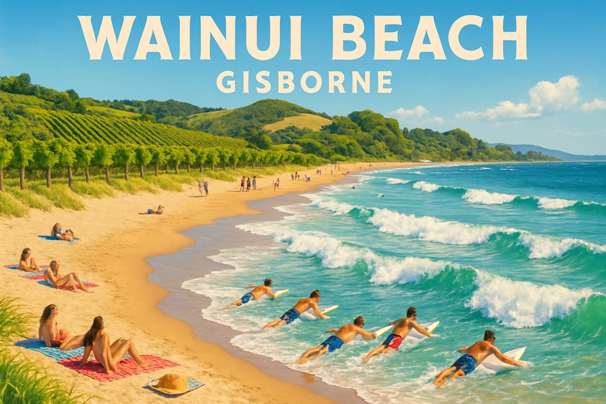 A vibrant, sun-drenched scene of Wainui Beach in Gisborne during summer, showcasing golden sand and rolling waves under a clear blue sky. In the foreground, a group of surfers eagerly paddles out, while sunbathers relax on colorful beach towels nearby. Lush vineyards frame the background, their green vines glistening in the sunlight, hinting at the wine-tasting experiences available. The atmosphere is festive and lively, with people strolling along the beach, adding to the warm, welcoming charm of this picturesque coastal town. The image is captured in high definition to highlight the vivid colors and dynamic energy of the summer scene.