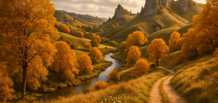 A breathtaking view of the Waitomo countryside in late autumn, showcasing rolling hills adorned with trees dressed in vibrant shades of gold and amber. The scene captures a serene hiking trail that winds through the picturesque landscape, with scattered wildflowers peeking through the foliage and a gently flowing stream reflecting the warm autumn hues. In the background, the iconic limestone formations jut out prominently against a soft, cloudy sky, evoking a sense of tranquility and adventure. The image is brimming with the beauty of nature's transition, inviting viewers to explore this enchanting destination. High definition.