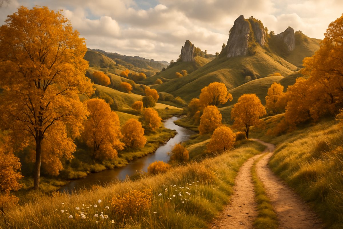A breathtaking view of the Waitomo countryside in late autumn, showcasing rolling hills adorned with trees dressed in vibrant shades of gold and amber. The scene captures a serene hiking trail that winds through the picturesque landscape, with scattered wildflowers peeking through the foliage and a gently flowing stream reflecting the warm autumn hues. In the background, the iconic limestone formations jut out prominently against a soft, cloudy sky, evoking a sense of tranquility and adventure. The image is brimming with the beauty of nature's transition, inviting viewers to explore this enchanting destination. High definition.
