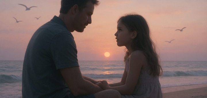A serene, softly lit image of a father and daughter sitting together on a sandy beach during twilight, their silhouettes gently outlining the delicate bond they share. The sky is a blend of pastel hues, where the sun dips low on the horizon, casting a warm glow over the scene. The ocean waves softly lap at their feet, and seagulls soar in the distance. The expression on their faces conveys a shared moment of intimacy and understanding, laced with unspoken words, capturing the essence of connection and the tender exploration of their relationship. High definition.