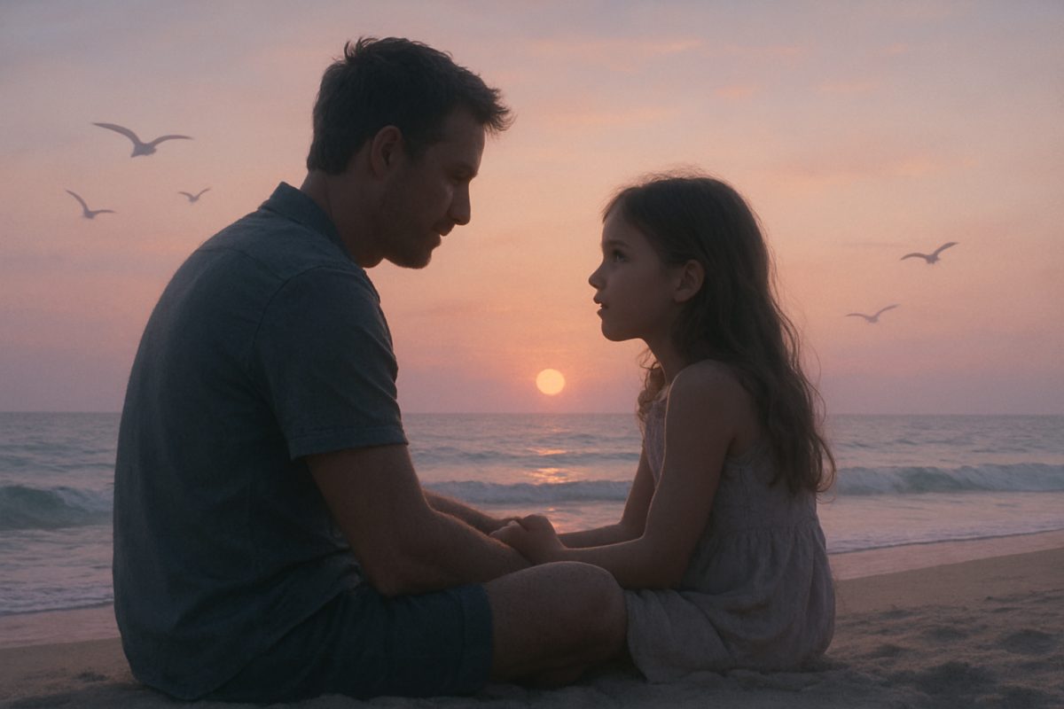 A serene, softly lit image of a father and daughter sitting together on a sandy beach during twilight, their silhouettes gently outlining the delicate bond they share. The sky is a blend of pastel hues, where the sun dips low on the horizon, casting a warm glow over the scene. The ocean waves softly lap at their feet, and seagulls soar in the distance. The expression on their faces conveys a shared moment of intimacy and understanding, laced with unspoken words, capturing the essence of connection and the tender exploration of their relationship. High definition.