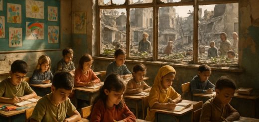 A vibrant classroom scene set amidst a war-torn landscape, showcasing children engaged in learning with focused expressions, surrounded by colorful drawings and educational materials. Through cracked windows, glimpses of a resilient community rebuilding outside can be seen, with makeshift gardens and hopeful faces. Sunlight filters through dust, highlighting the contrast between the chaos beyond and the nurturing environment within the school. Render this image in high definition, capturing the juxtaposition of hope and resilience in an inspiring educational space.