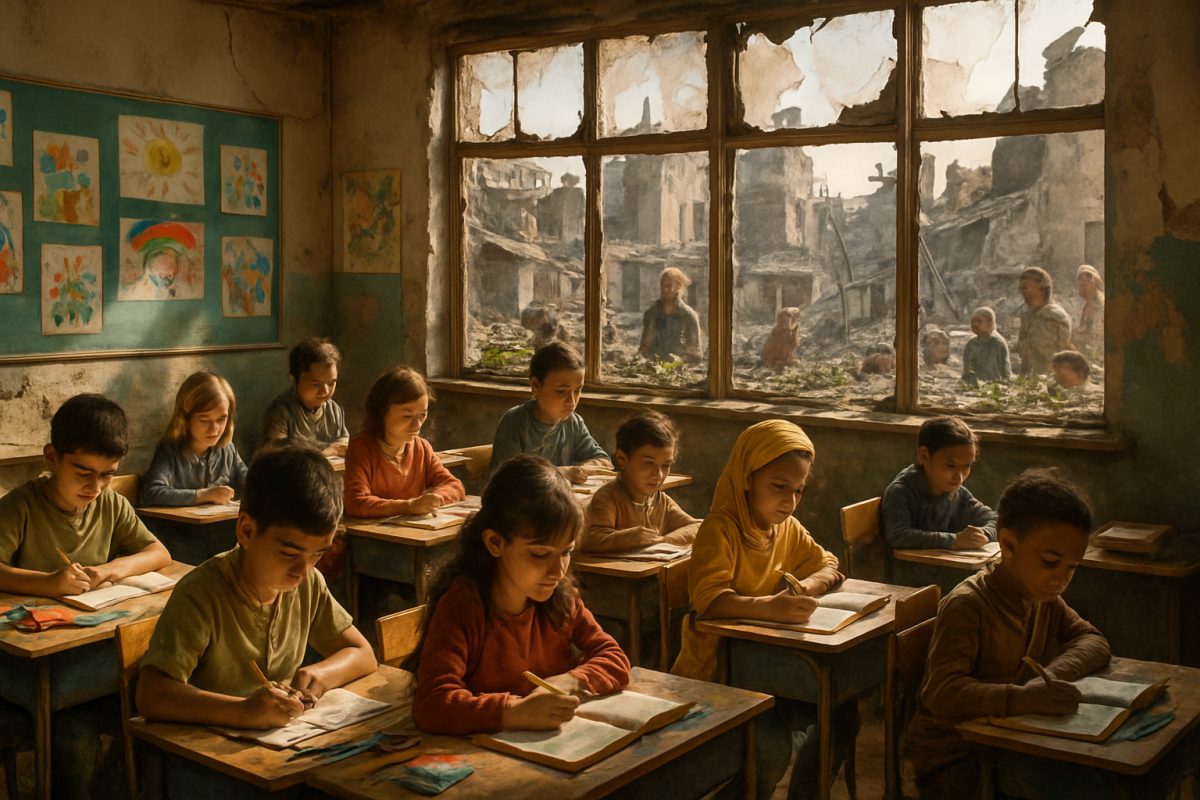 A vibrant classroom scene set amidst a war-torn landscape, showcasing children engaged in learning with focused expressions, surrounded by colorful drawings and educational materials. Through cracked windows, glimpses of a resilient community rebuilding outside can be seen, with makeshift gardens and hopeful faces. Sunlight filters through dust, highlighting the contrast between the chaos beyond and the nurturing environment within the school. Render this image in high definition, capturing the juxtaposition of hope and resilience in an inspiring educational space.