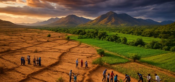 A breathtaking aerial view captures a stark contrast between arid, sunbaked plains and the vibrant greens of a lush valley below. In the foreground, weathered earthen paths wind through a patchwork of dry fields and crops, while in the distance, ranges of mountains rise under a dramatic, swirling sky painted in hues of orange and purple, hinting at an impending storm. Scattered throughout the landscape, small groups of diverse people come together, engaged in collaborative efforts, symbolizing unity against the backdrop of climate challenges. This high-definition image encapsulates the dual themes of conflict and cooperation in the face of environmental change, evoking a sense of both urgency and hope.