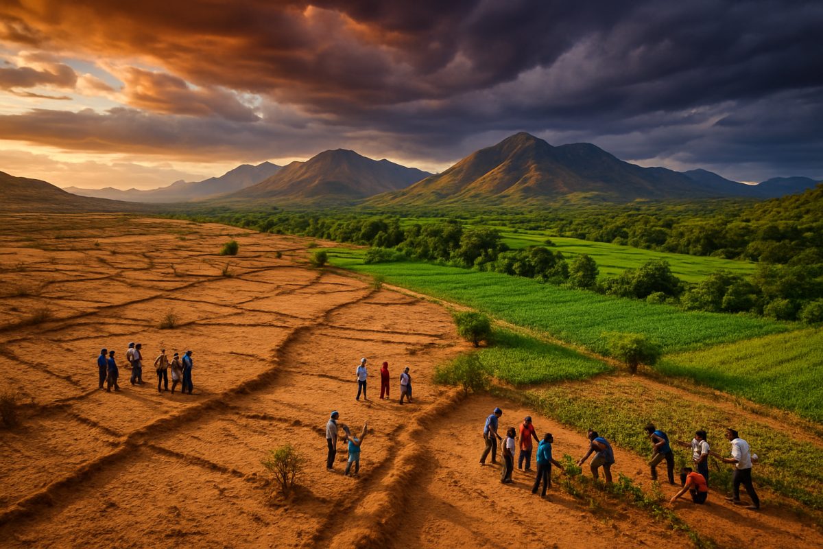 A breathtaking aerial view captures a stark contrast between arid, sunbaked plains and the vibrant greens of a lush valley below. In the foreground, weathered earthen paths wind through a patchwork of dry fields and crops, while in the distance, ranges of mountains rise under a dramatic, swirling sky painted in hues of orange and purple, hinting at an impending storm. Scattered throughout the landscape, small groups of diverse people come together, engaged in collaborative efforts, symbolizing unity against the backdrop of climate challenges. This high-definition image encapsulates the dual themes of conflict and cooperation in the face of environmental change, evoking a sense of both urgency and hope.