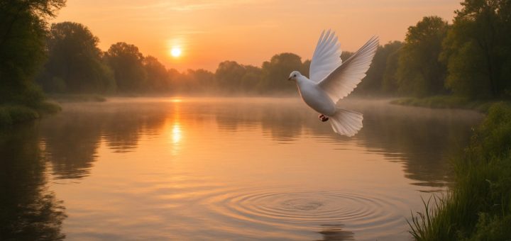 A serene landscape unfolds at dawn, revealing a tranquil lake surrounded by lush greenery. Wispy mist hovers above the water’s surface, reflecting the warm, golden light of the rising sun. In the foreground, a single white dove takes flight, symbolizing peace and hope. Gentle ripples spread across the lake as the dove soars, creating a harmonious blend of nature's beauty and the essence of optimism. The entire scene radiates a sense of serenity and possibility, inviting viewers to contemplate the journey towards a peaceful world. Please create this image in high definition.