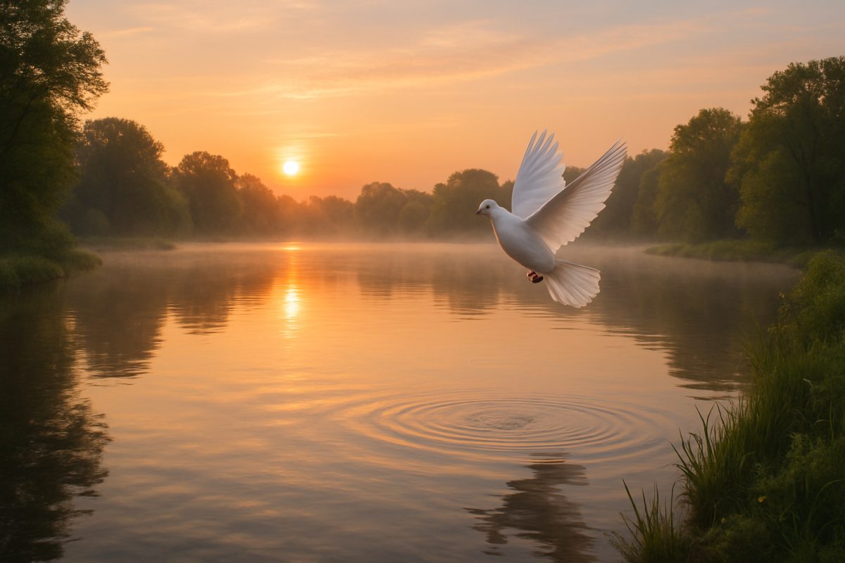 A serene landscape unfolds at dawn, revealing a tranquil lake surrounded by lush greenery. Wispy mist hovers above the water’s surface, reflecting the warm, golden light of the rising sun. In the foreground, a single white dove takes flight, symbolizing peace and hope. Gentle ripples spread across the lake as the dove soars, creating a harmonious blend of nature's beauty and the essence of optimism. The entire scene radiates a sense of serenity and possibility, inviting viewers to contemplate the journey towards a peaceful world. Please create this image in high definition.