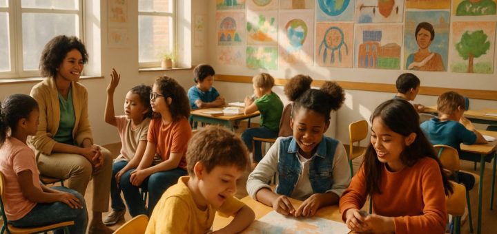 A vibrant classroom setting filled with diverse children engaged in collaborative activities, demonstrating unity amidst their differences. Sunlight streams through large windows, illuminating colorful drawings on the walls that represent various cultures and histories. In one corner, a teacher facilitates an open discussion, while in another, students of different backgrounds work together on a project, symbolizing reconciliation and hope. The atmosphere is warm and inviting, showcasing the transformative power of education. High definition.