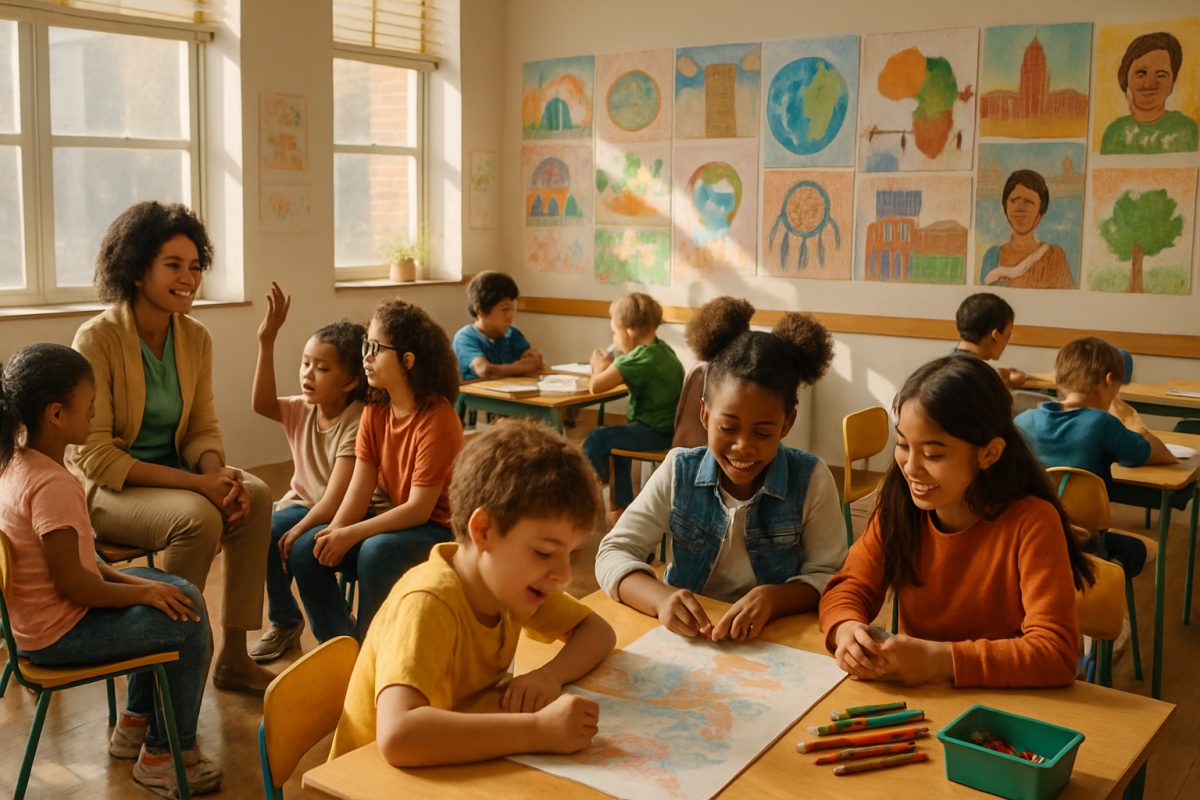 A vibrant classroom setting filled with diverse children engaged in collaborative activities, demonstrating unity amidst their differences. Sunlight streams through large windows, illuminating colorful drawings on the walls that represent various cultures and histories. In one corner, a teacher facilitates an open discussion, while in another, students of different backgrounds work together on a project, symbolizing reconciliation and hope. The atmosphere is warm and inviting, showcasing the transformative power of education. High definition.