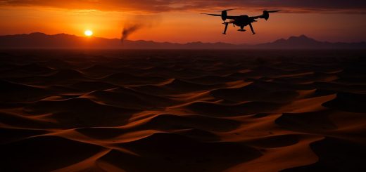 A dramatic, high-definition aerial view of a vast desert landscape at sunset, featuring a solitary drone soaring high above the undulating dunes. In the foreground, the fading light casts long shadows, while in the distance, the silhouette of distant mountains can be seen. A faint plume of smoke rises on the horizon, hinting at unseen conflict, blending with the vibrant oranges and purples of the twilight sky. The scene conveys a sense of isolation and tension, capturing the modern essence of warfare far from traditional battlefields.