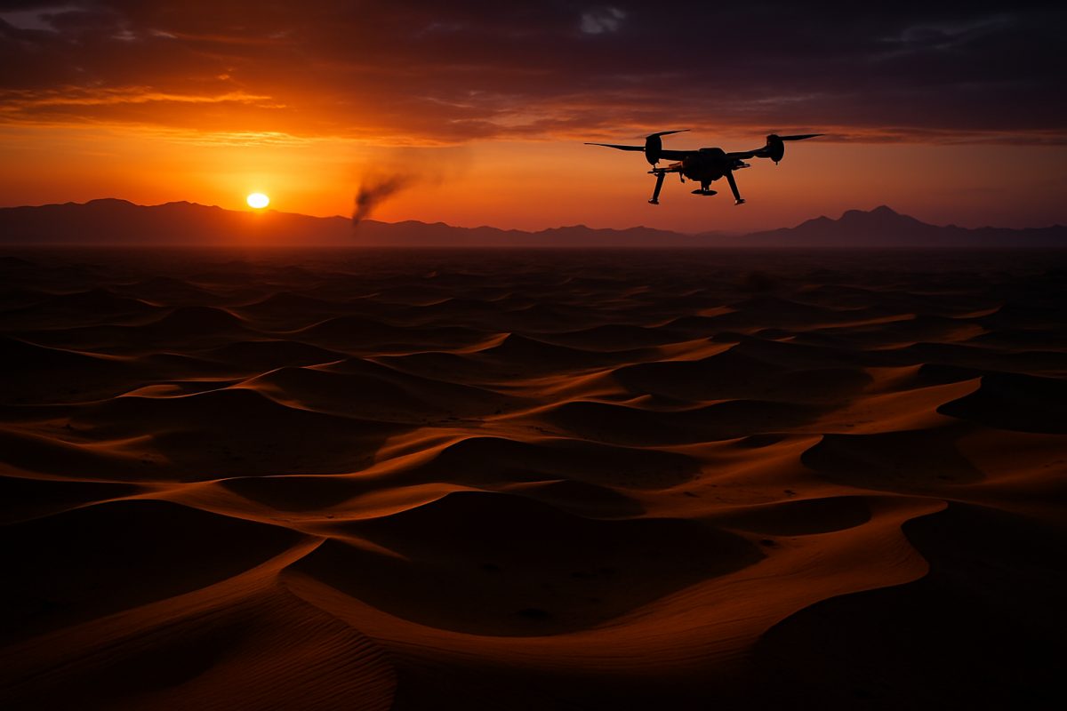 A dramatic, high-definition aerial view of a vast desert landscape at sunset, featuring a solitary drone soaring high above the undulating dunes. In the foreground, the fading light casts long shadows, while in the distance, the silhouette of distant mountains can be seen. A faint plume of smoke rises on the horizon, hinting at unseen conflict, blending with the vibrant oranges and purples of the twilight sky. The scene conveys a sense of isolation and tension, capturing the modern essence of warfare far from traditional battlefields.