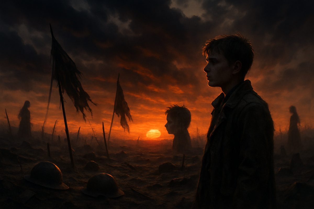 An evocative image of a desolate war landscape at dusk, where the remnants of a battlefield are scattered with abandoned helmets and tattered flags. In the foreground, a solitary figure, a young soldier, gazes into the horizon with a mix of hope and despair etched on his face. Silhouetted against a fiery sunset, dark clouds swirl above, casting dramatic shadows that dance across the broken terrain. In the distance, faint outlines of women can be seen on the edges of the scene, captured in soft focus, representing their distant yet poignant presence. The image is rendered in high definition, capturing every texture and emotional nuance of this haunting moment.