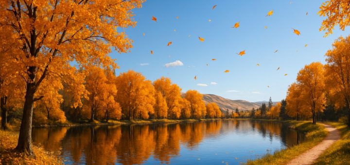 A high-definition image of a serene landscape in Clutha District during autumn, showcasing a tranquil lake reflecting vibrant shades of orange and gold from the surrounding trees. The scene features scattered leaves on a gentle breeze, with rolling hills in the background, and a clear blue sky creating a peaceful atmosphere. A narrow path winds along the lake, inviting solitary spectators to indulge in nature's beauty, while a subtle hint of historic architecture is visible on the distant horizon, adding charm and context to the picturesque setting.