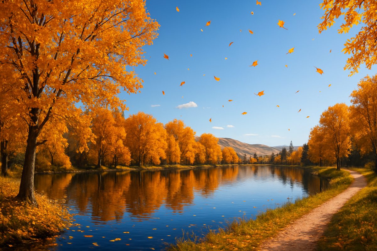 A high-definition image of a serene landscape in Clutha District during autumn, showcasing a tranquil lake reflecting vibrant shades of orange and gold from the surrounding trees. The scene features scattered leaves on a gentle breeze, with rolling hills in the background, and a clear blue sky creating a peaceful atmosphere. A narrow path winds along the lake, inviting solitary spectators to indulge in nature's beauty, while a subtle hint of historic architecture is visible on the distant horizon, adding charm and context to the picturesque setting.