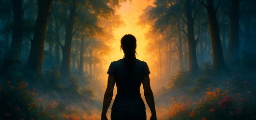 A high-definition digital artwork capturing an ethereal forest bathed in soft, golden light at dawn. In the foreground, a silhouette of a determined woman stands with her back to the viewer, gazing into the vibrant, sunlit expanse of trees and flowers. The scene is rich with color—lush greens, deep blues, and warm sunset hues blending harmoniously. Wisps of mist curl around the underbrush, adding an air of mystery and enchantment. The mood is one of contemplation and resilience, evoking themes of femininity and empowerment without depicting any specific characters or text.