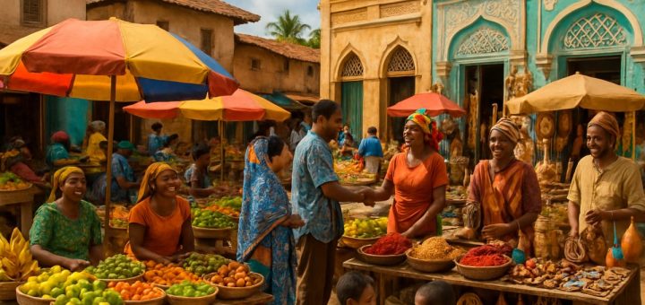 A vibrant market scene in East Africa, bustling with life. Colorful stalls overflowing with fresh fruits and spices, surrounded by smiling vendors engaging with customers. Local artisans showcase handmade crafts, while children play nearby. The backdrop features traditional buildings adorned with intricate designs, set under a bright blue sky. The image captures the essence of community, culture, and connection, inviting viewers into the enriching experience of East Africa. High definition.