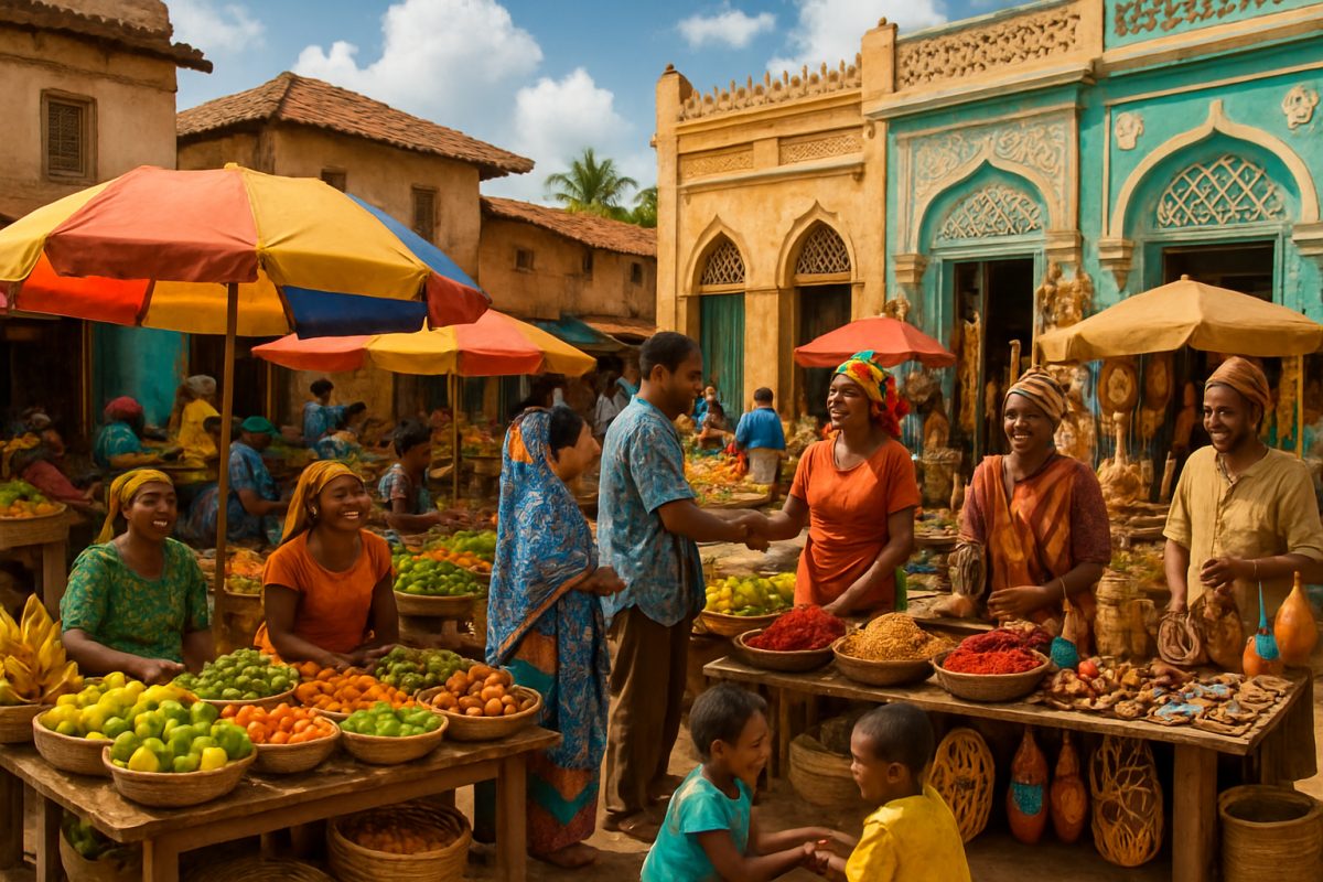 A vibrant market scene in East Africa, bustling with life. Colorful stalls overflowing with fresh fruits and spices, surrounded by smiling vendors engaging with customers. Local artisans showcase handmade crafts, while children play nearby. The backdrop features traditional buildings adorned with intricate designs, set under a bright blue sky. The image captures the essence of community, culture, and connection, inviting viewers into the enriching experience of East Africa. High definition.