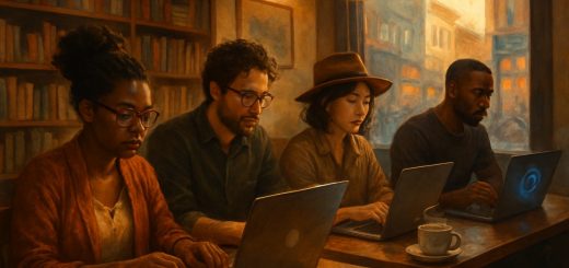 A cozy café scene bathed in warm light, featuring a diverse group of writers deeply engaged with their laptops. Each person exhibits unique styles and expressions, reflecting their different writing approaches. The café is adorned with bookshelves filled with literature, artwork on the walls, and steaming coffee cups on the tables. Outside the window, a vibrant city street adds energy to the atmosphere, while a faint hint of a digital device or AI interaction can be seen in one corner, subtly indicating the changing landscape of writing. High definition.
