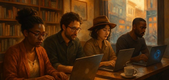 A cozy café scene bathed in warm light, featuring a diverse group of writers deeply engaged with their laptops. Each person exhibits unique styles and expressions, reflecting their different writing approaches. The café is adorned with bookshelves filled with literature, artwork on the walls, and steaming coffee cups on the tables. Outside the window, a vibrant city street adds energy to the atmosphere, while a faint hint of a digital device or AI interaction can be seen in one corner, subtly indicating the changing landscape of writing. High definition.