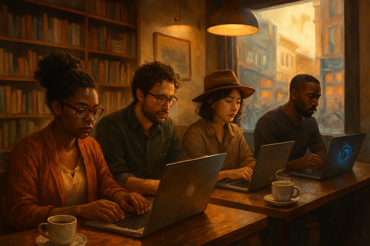 A cozy café scene bathed in warm light, featuring a diverse group of writers deeply engaged with their laptops. Each person exhibits unique styles and expressions, reflecting their different writing approaches. The café is adorned with bookshelves filled with literature, artwork on the walls, and steaming coffee cups on the tables. Outside the window, a vibrant city street adds energy to the atmosphere, while a faint hint of a digital device or AI interaction can be seen in one corner, subtly indicating the changing landscape of writing. High definition.