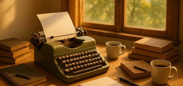 A warm, inviting workspace bathed in soft golden light, showcasing a vintage typewriter with a blank page ready to be filled, surrounded by a chaotic yet charming collection of notebooks, pens, and half-finished coffee cups. In the background, a window reveals a serene outdoor scene with green trees swaying gently in the breeze, symbolizing creativity and inspiration, emphasizing the handcrafted touch of human writing amidst a digital landscape. High definition.