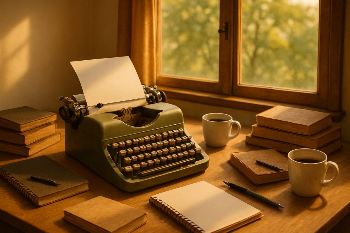 A warm, inviting workspace bathed in soft golden light, showcasing a vintage typewriter with a blank page ready to be filled, surrounded by a chaotic yet charming collection of notebooks, pens, and half-finished coffee cups. In the background, a window reveals a serene outdoor scene with green trees swaying gently in the breeze, symbolizing creativity and inspiration, emphasizing the handcrafted touch of human writing amidst a digital landscape. High definition.