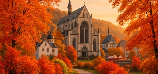 A high-definition image of Bergisch Gladbach during autumn, showcasing a picturesque landscape of vibrant orange, red, and gold leaves against the backdrop of charming historical architecture. A winding pathway lined with colorful foliage leads towards the serene Altenberg Cathedral, nestled amongst the trees. Soft sunlight filters through the branches, creating a warm, inviting glow, while hints of a distant local festival can be seen, adding a subtle touch of cultural richness to the scene.