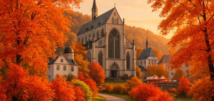A high-definition image of Bergisch Gladbach during autumn, showcasing a picturesque landscape of vibrant orange, red, and gold leaves against the backdrop of charming historical architecture. A winding pathway lined with colorful foliage leads towards the serene Altenberg Cathedral, nestled amongst the trees. Soft sunlight filters through the branches, creating a warm, inviting glow, while hints of a distant local festival can be seen, adding a subtle touch of cultural richness to the scene.