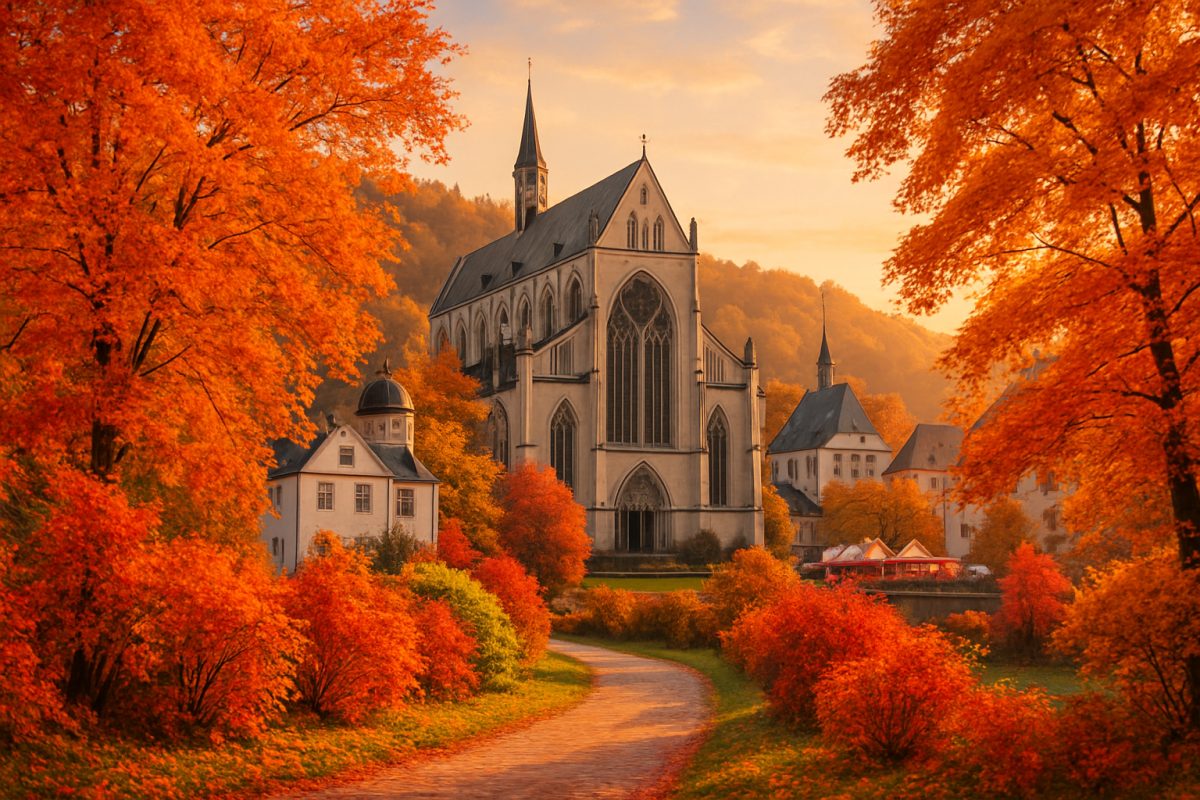 A high-definition image of Bergisch Gladbach during autumn, showcasing a picturesque landscape of vibrant orange, red, and gold leaves against the backdrop of charming historical architecture. A winding pathway lined with colorful foliage leads towards the serene Altenberg Cathedral, nestled amongst the trees. Soft sunlight filters through the branches, creating a warm, inviting glow, while hints of a distant local festival can be seen, adding a subtle touch of cultural richness to the scene.
