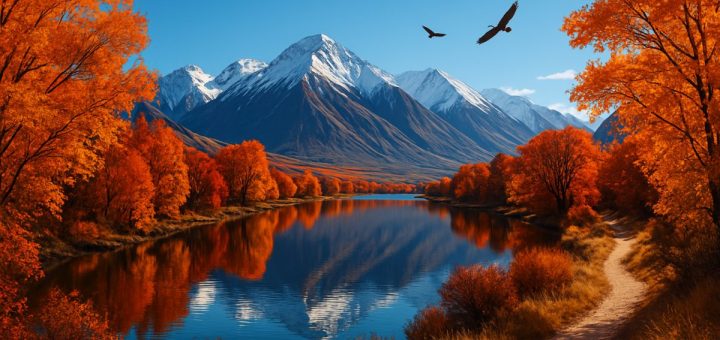 A breathtaking panoramic view of Lake Heron during the vibrant fall season, showcasing a tapestry of warm oranges, deep reds, and rich browns reflected in the calm waters. Majestic snow-capped mountains rise in the background under a clear blue sky, while golden sunlight filters through the foliage. A tranquil hiking trail meanders along the lakeshore, inviting exploration, and a few native birds gracefully soar above, embodying the serene atmosphere of this unspoiled paradise. High definition, capturing every detail of the stunning landscape.