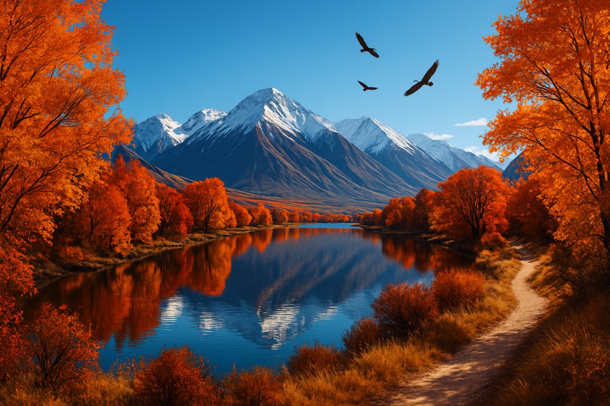 A breathtaking panoramic view of Lake Heron during the vibrant fall season, showcasing a tapestry of warm oranges, deep reds, and rich browns reflected in the calm waters. Majestic snow-capped mountains rise in the background under a clear blue sky, while golden sunlight filters through the foliage. A tranquil hiking trail meanders along the lakeshore, inviting exploration, and a few native birds gracefully soar above, embodying the serene atmosphere of this unspoiled paradise. High definition, capturing every detail of the stunning landscape.