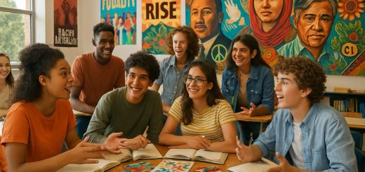 A vibrant classroom scene filled with diverse students engaged in passionate discussion, surrounded by colorful posters reflecting themes of justice and equality. Natural light streams through large windows, illuminating thoughtful expressions and open textbooks. In one corner, a mural depicting iconic human rights figures blends with rich cultural symbols, while a round table is cluttered with art supplies showing student creations related to social justice. The overall atmosphere exudes a sense of collaboration, critical thinking, and hope for change, captured in high definition.
