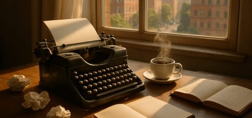 A serene, sunlit workspace featuring a vintage typewriter surrounded by crumpled papers and open notebooks. A steaming cup of coffee rests on a wooden desk, while a window reveals a vibrant cityscape outside, hinting at a world full of stories waiting to be told. Soft rays of sunlight flood the room, creating an inviting ambiance that inspires creativity. The entire scene is captured in high definition, highlighting the textures of the typewriter and the warm glow of the sunlight.