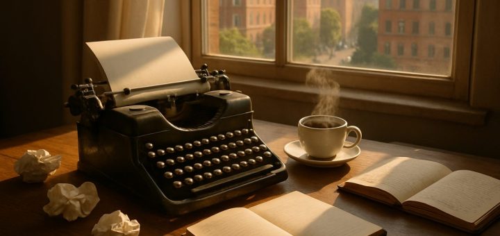 A serene, sunlit workspace featuring a vintage typewriter surrounded by crumpled papers and open notebooks. A steaming cup of coffee rests on a wooden desk, while a window reveals a vibrant cityscape outside, hinting at a world full of stories waiting to be told. Soft rays of sunlight flood the room, creating an inviting ambiance that inspires creativity. The entire scene is captured in high definition, highlighting the textures of the typewriter and the warm glow of the sunlight.