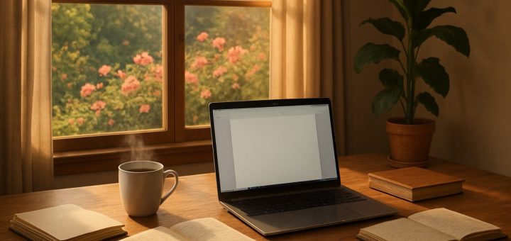 A cozy home office scene bathed in warm afternoon light, featuring a wooden desk cluttered with notebooks, a steaming cup of coffee, and a laptop open to a blank document. In the background, a large window displays a serene garden with blooming flowers, while a potted plant sits elegantly in the corner. Soft shadows add depth to the peaceful atmosphere, inviting creativity and inspiration for writing. High definition.